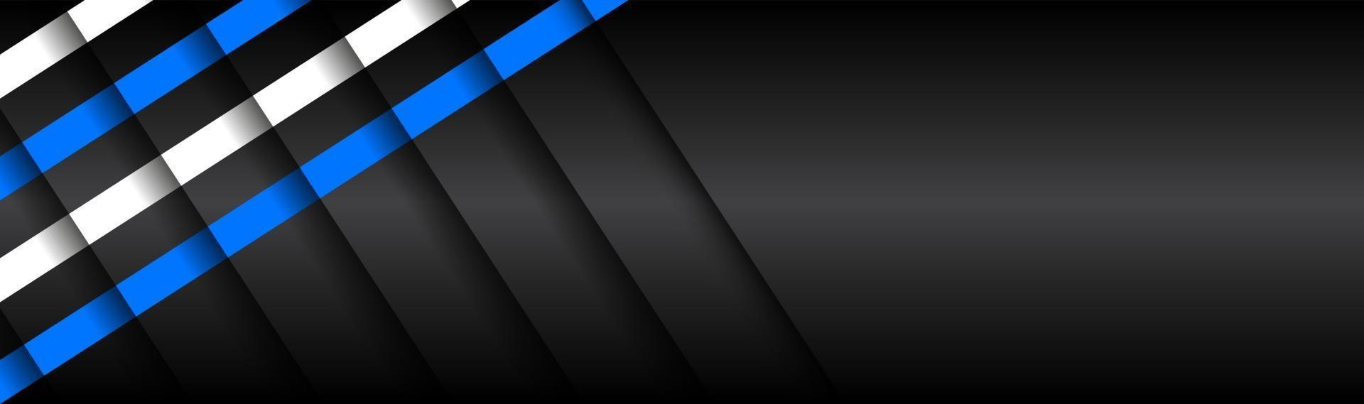 Banner de diseño de material negro con rayas diagonales azules y blancas cortadas por sombras Ilustración de vector de pantalla ancha de encabezado web moderno
