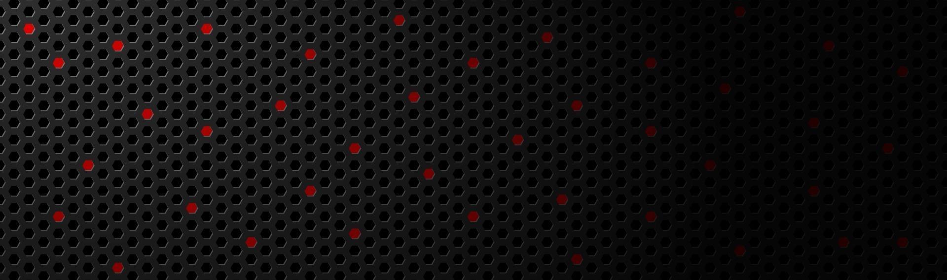 Encabezado de material de malla hexagonal geométrico negro oscuro abstracto con puntos rojos banner de tecnología metálica con espacio en blanco para su logotipo vector fondo de pantalla panorámica abstracta