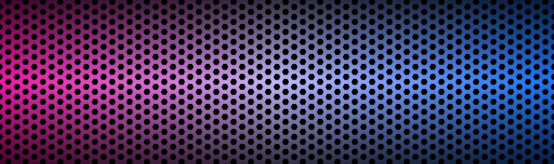 Abstract blue and purple neon geometric hexagonal mesh material header Perforated metallic technology banner Vector abstract widescreen background