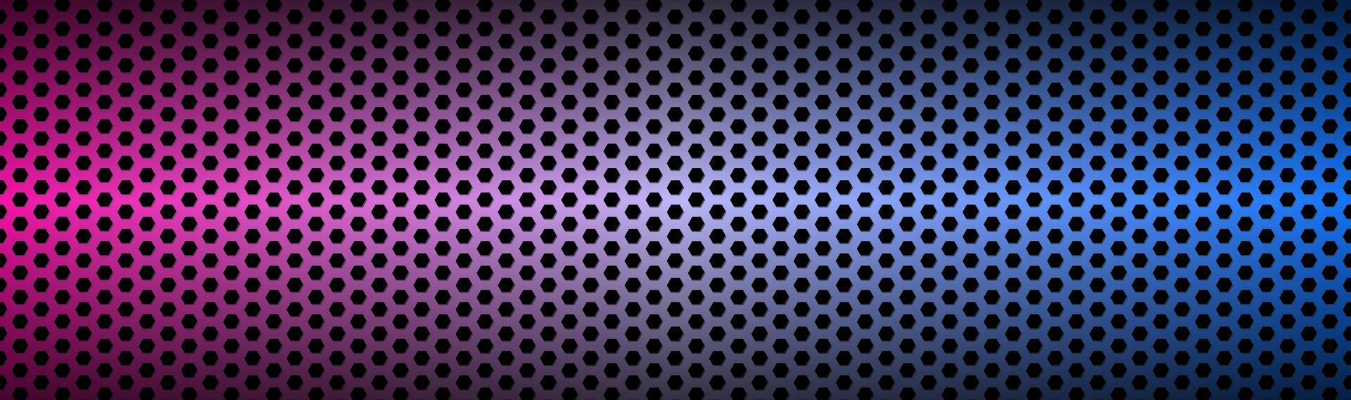 Abstract blue and purple neon geometric hexagonal mesh material header Perforated metallic technology banner Vector abstract widescreen background