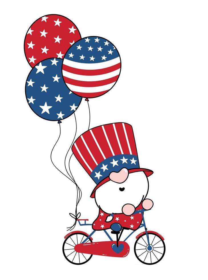 4th of July America Gnome Patriotic on bicycle with balloons cartoon doodle outline flat vector illustation