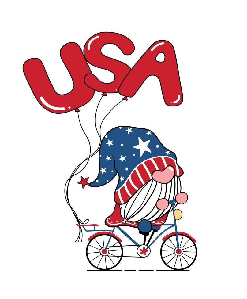 lindo gnomo 4 de julio día de la independencia gnomo en bicicleta con globos de estados unidos doodle dibujos animados ilustración vectorial plana para la impresión de camisetas de tarjetas de felicitación vector