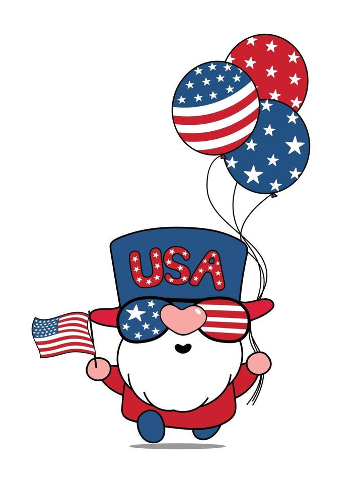 Cute cartoon Vector America USA Gnome 4th of July Independence day illustration