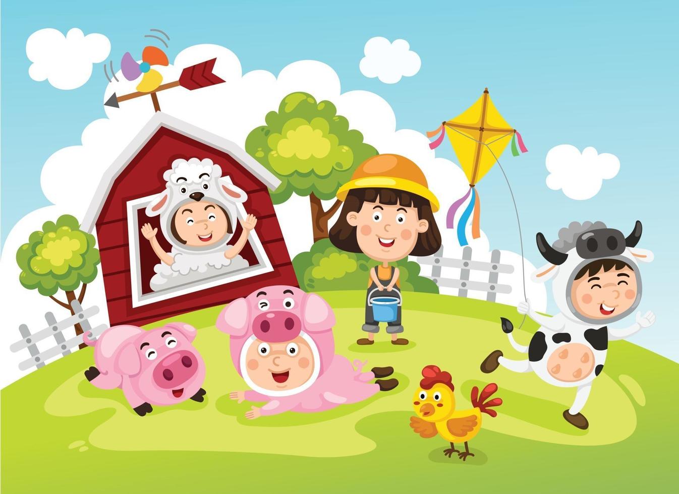 Illustration of farm scene with kids vector