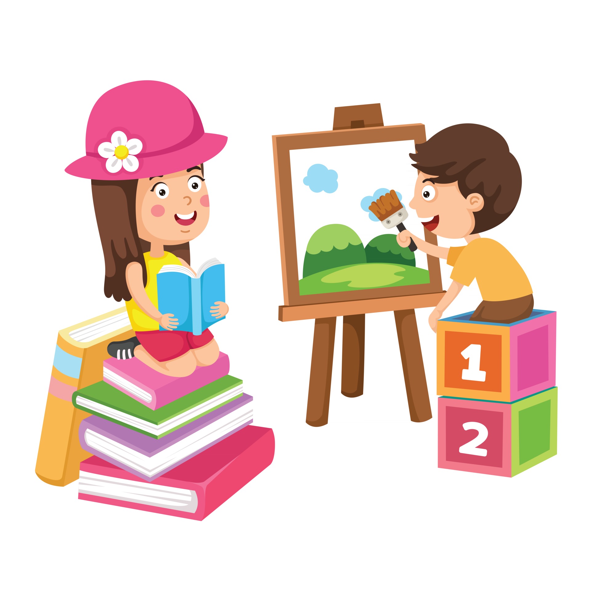 Children painting and reading a book hobby concept 2559032 Vector Art at  Vecteezy