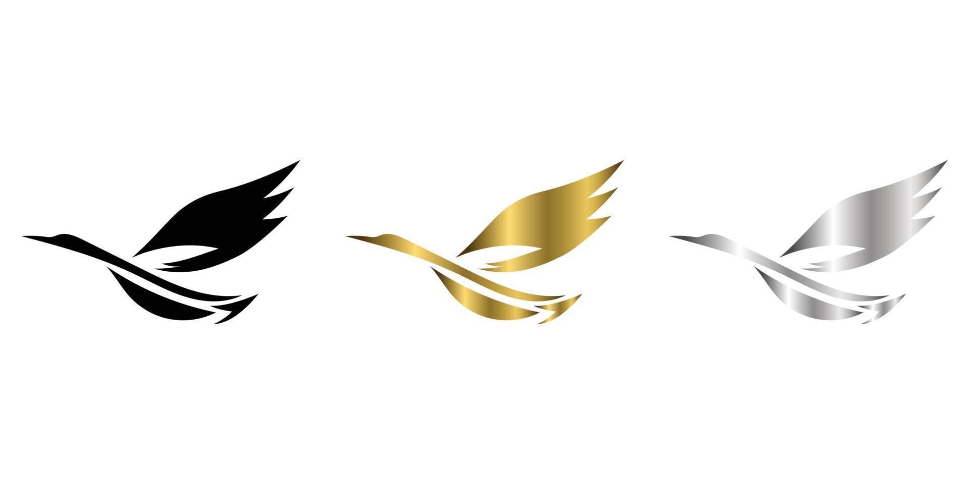 El vector abstracto de tres colores, negro, dorado, plateado, imagen de una garza voladora es adecuado para hacer logotipos o decoraciones.
