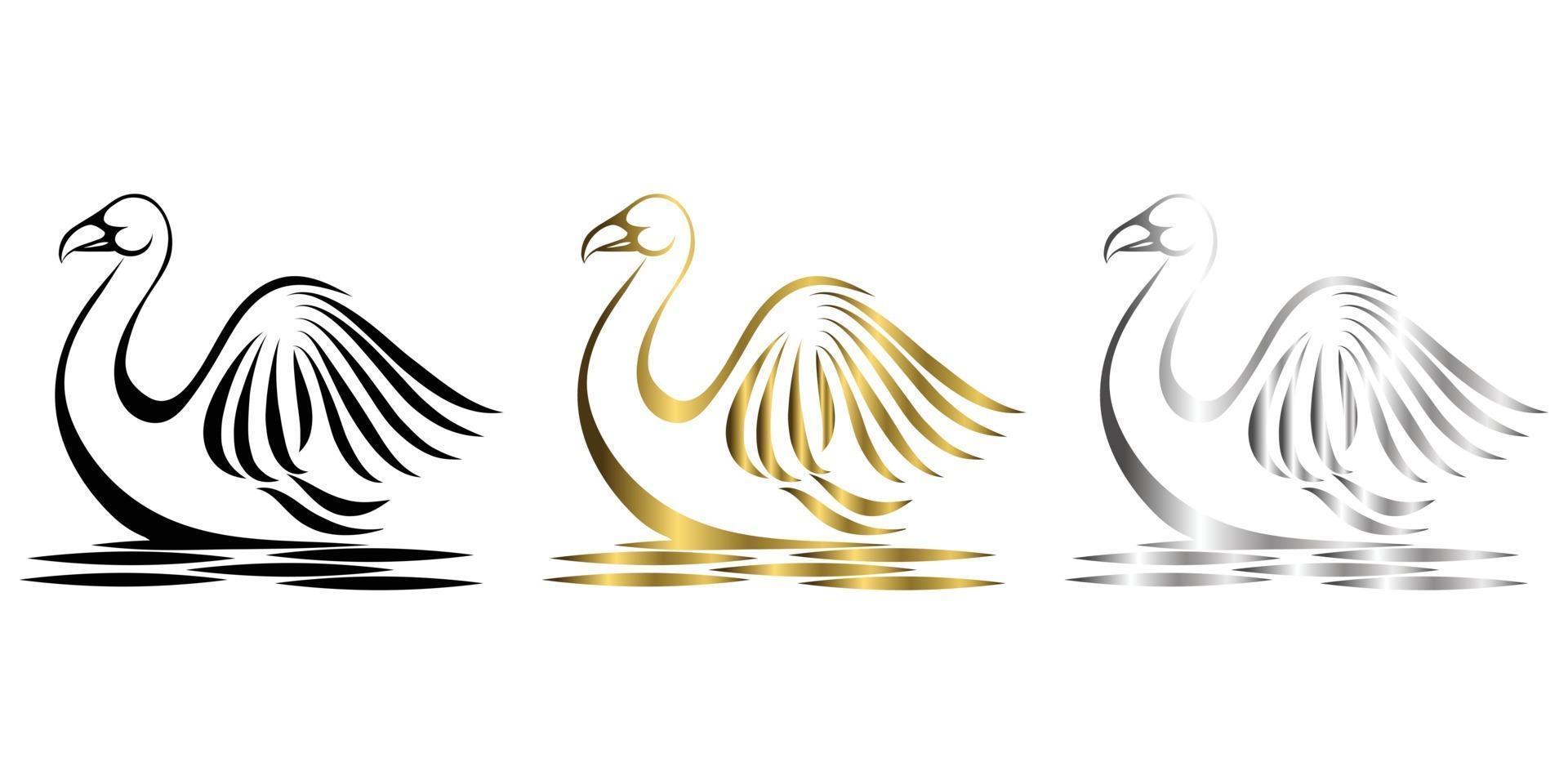 Ilustración de vector de arte de línea de plata oro negro de tres colores sobre un fondo blanco de un cisne adecuado para hacer logo
