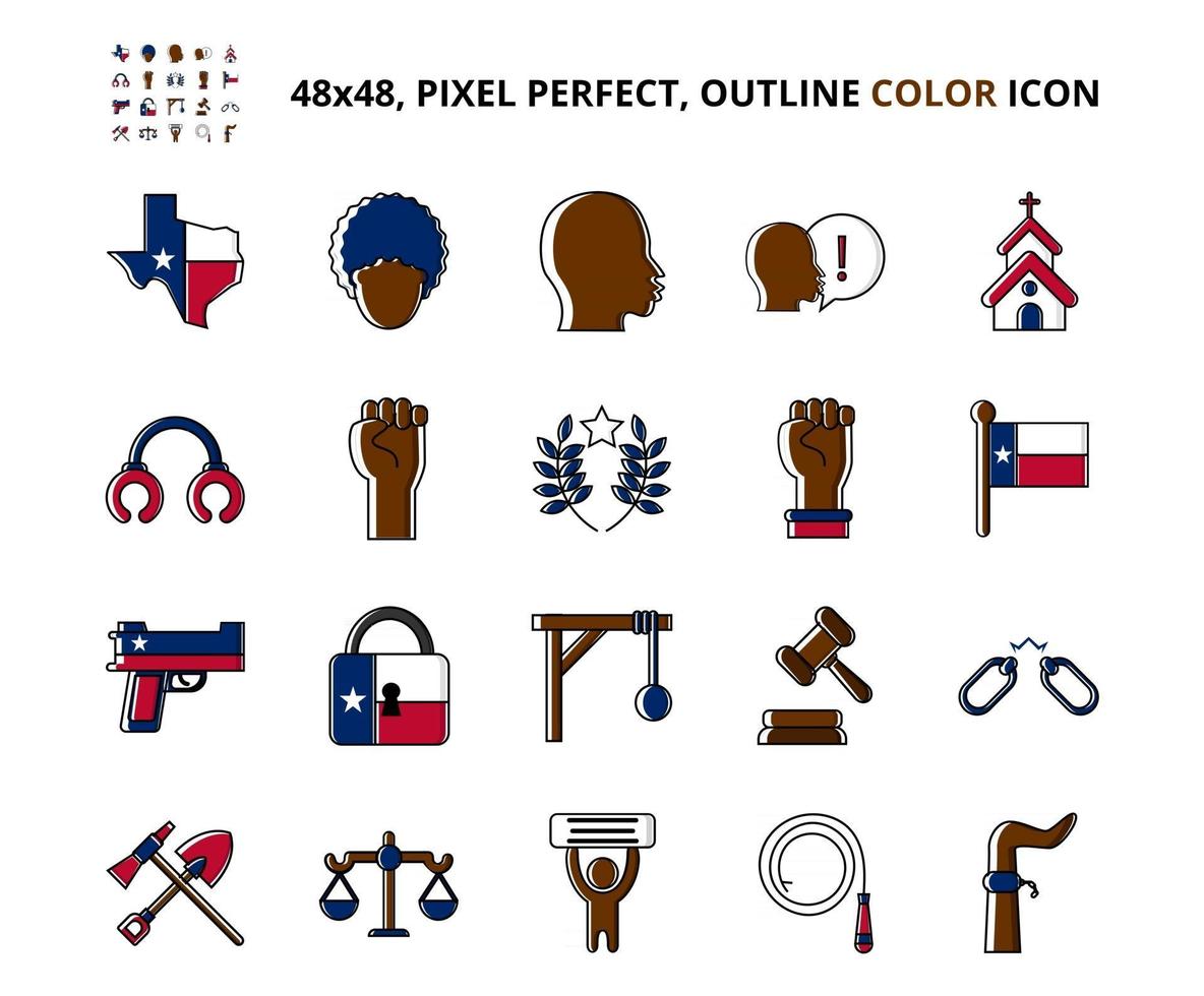 Juneteenth Slavery Related Pixel Perfect Colored Icon Set vector