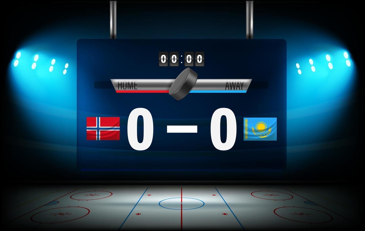 Illuminated ice hockey stadium with Norway and Kazakhstan flags vector