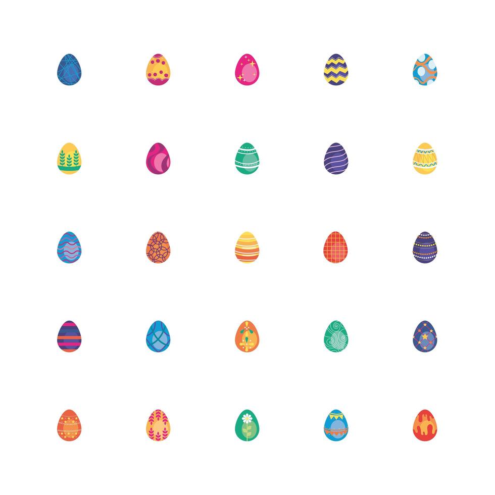 paquete de huevos de pascua pintados iconos de estilo plano vector