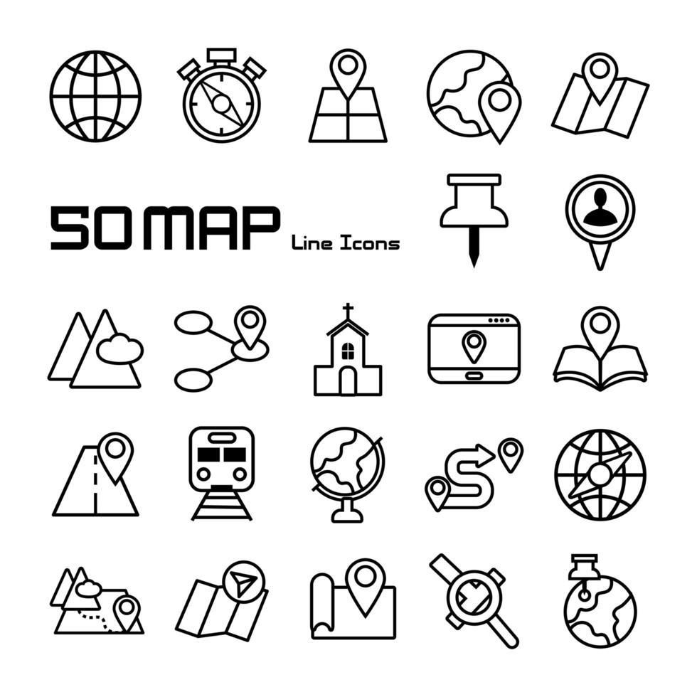 bundle of map line icons and text vector