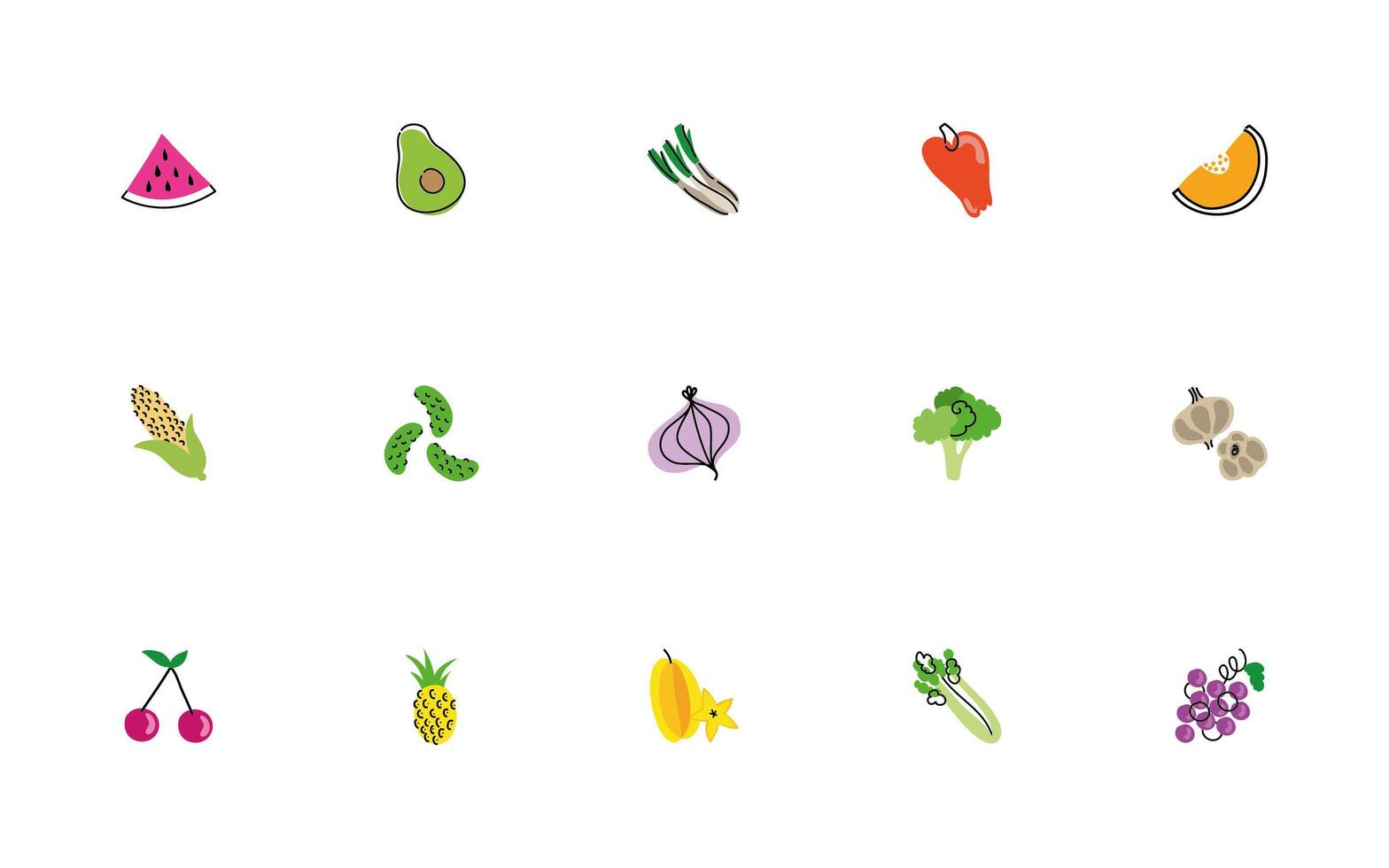 bundle of fruits and vegetables icons vector