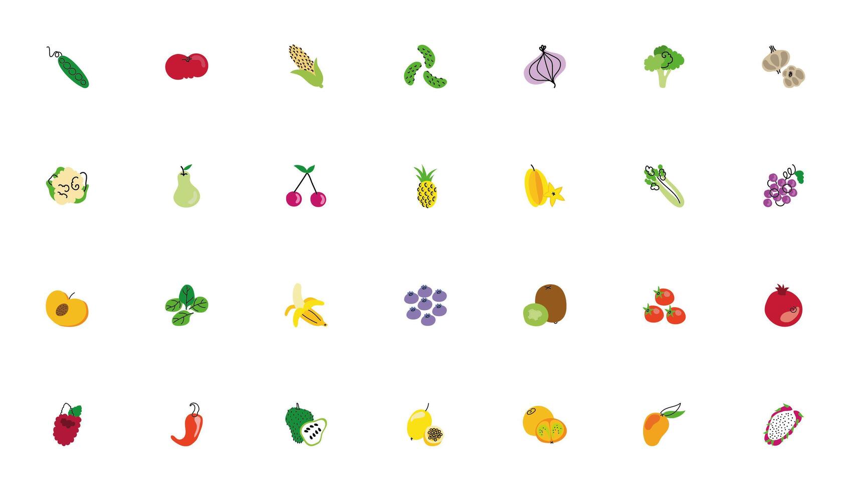 bundle of fruits and vegetables icons vector