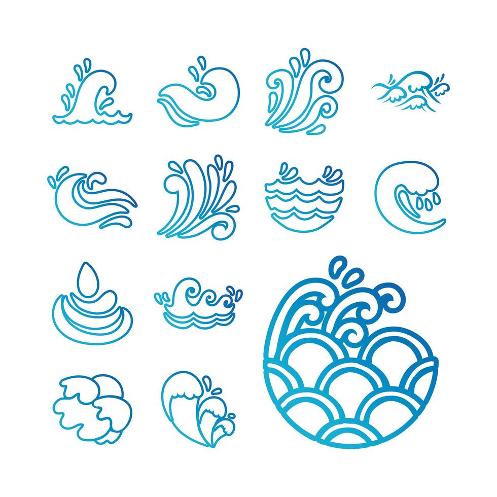 bundle of waves ocean set icons vector