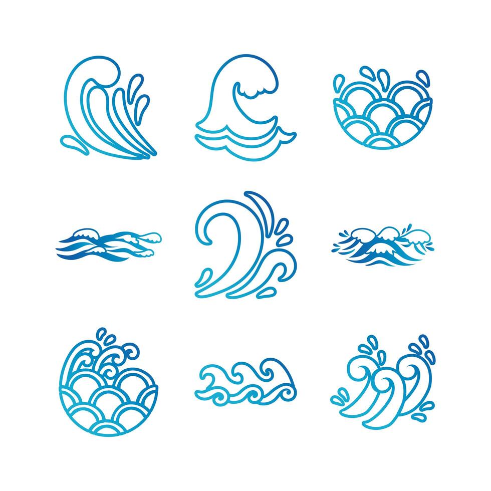 bundle of waves ocean set icons vector