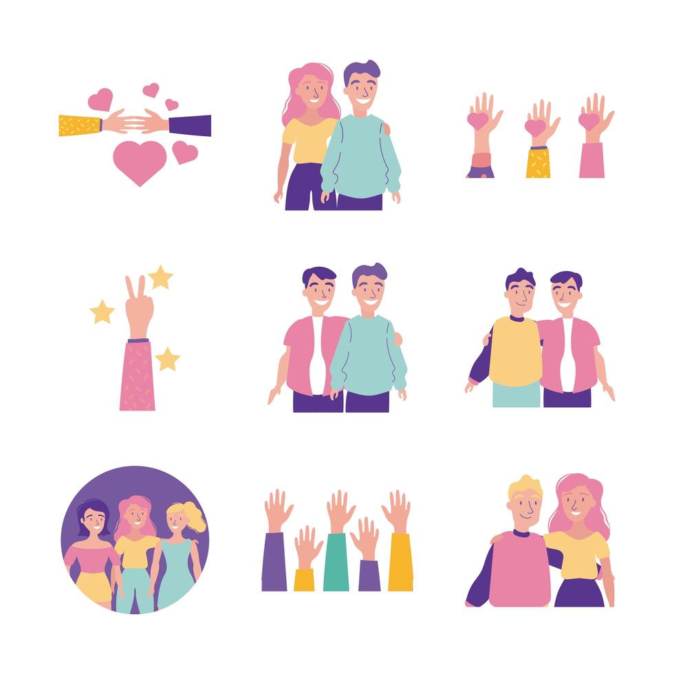 happy friendship day celebration with people and icons set vector