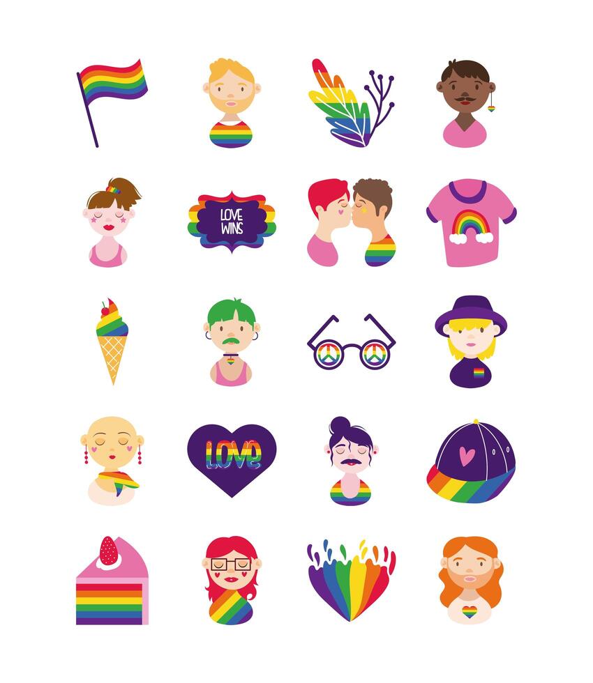 bundle of gay pride icons and people hand draw style vector