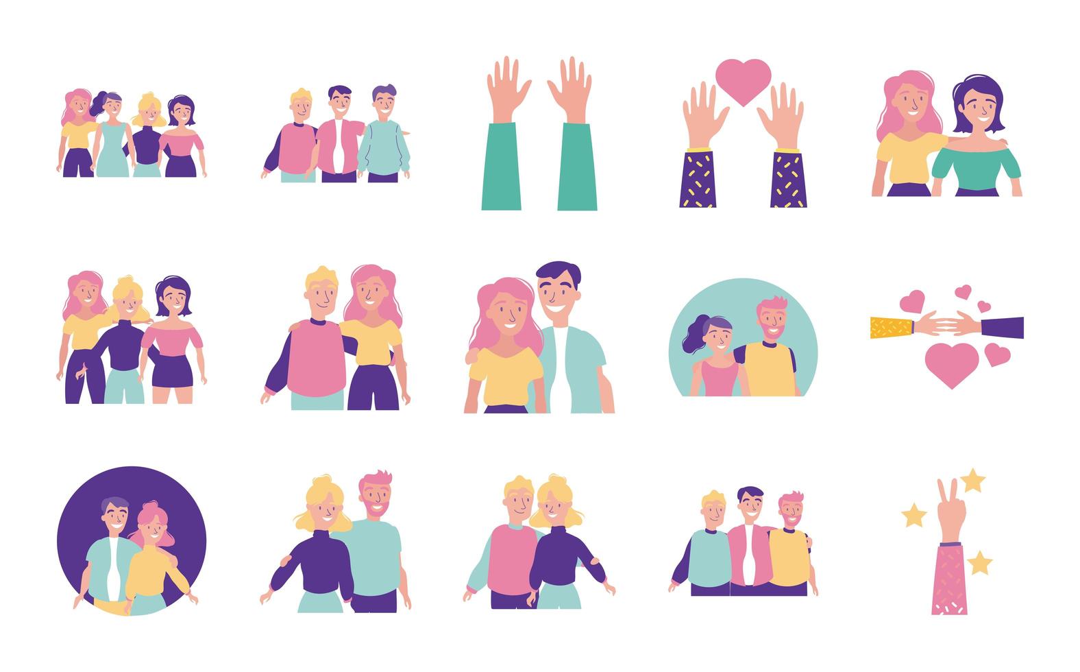 happy friendship day celebration with people and icons set vector