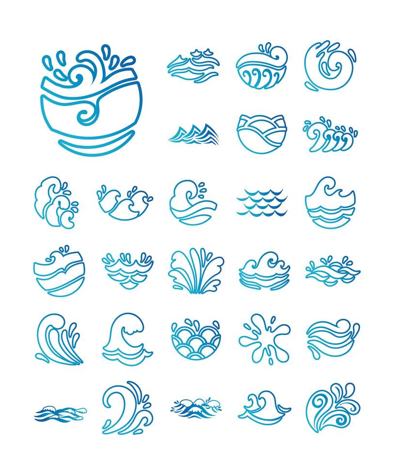 bundle of waves ocean set icons vector