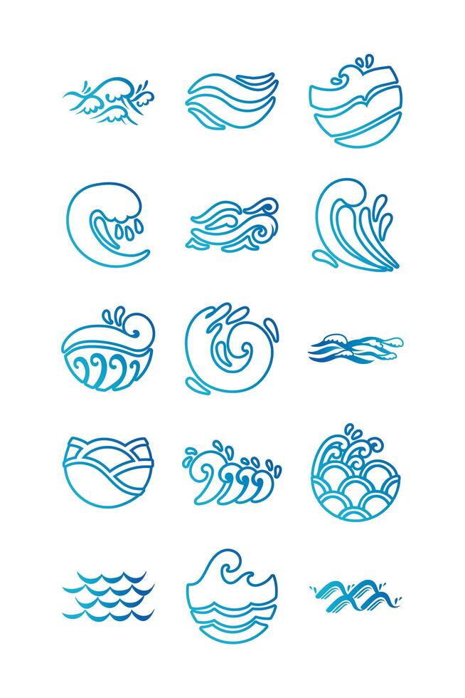 bundle of waves ocean set icons vector