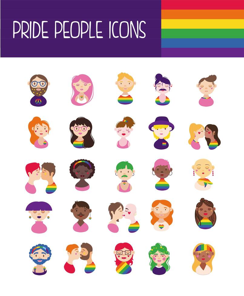 bundle of gay pride icons and people hand draw style vector