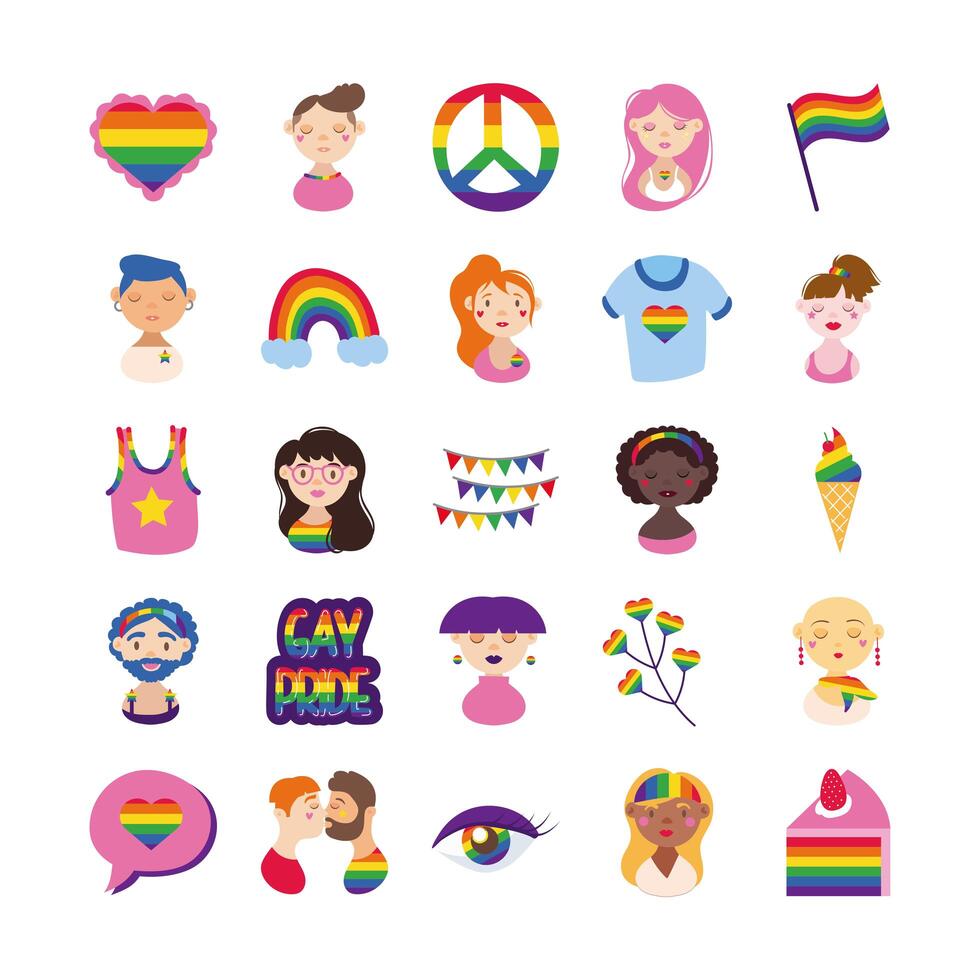 bundle of gay pride icons and people hand draw style vector