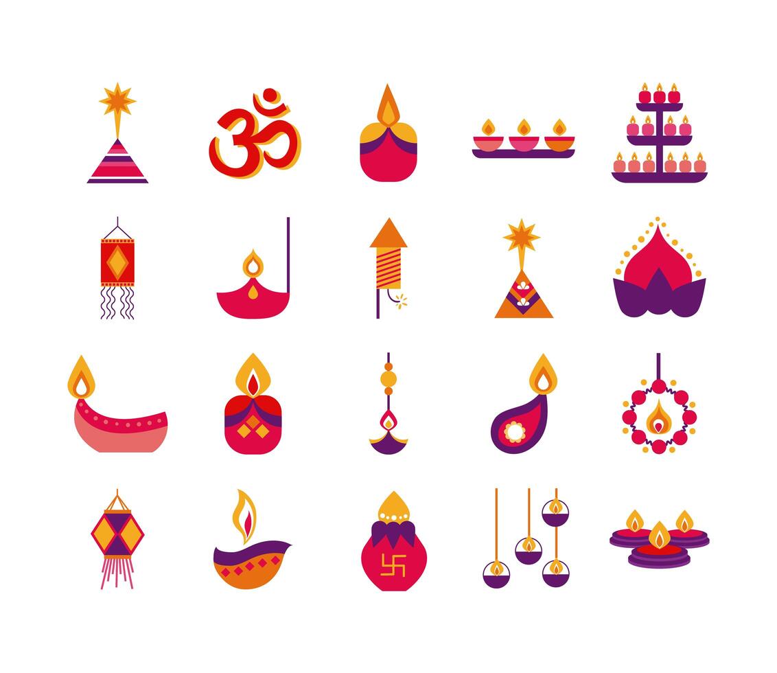 bundle of twenty diwali set flat style vector