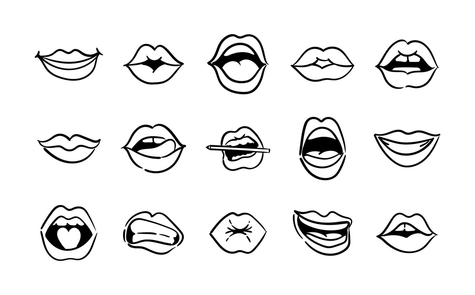 bundle of fifteen mouths pop art line style icons vector