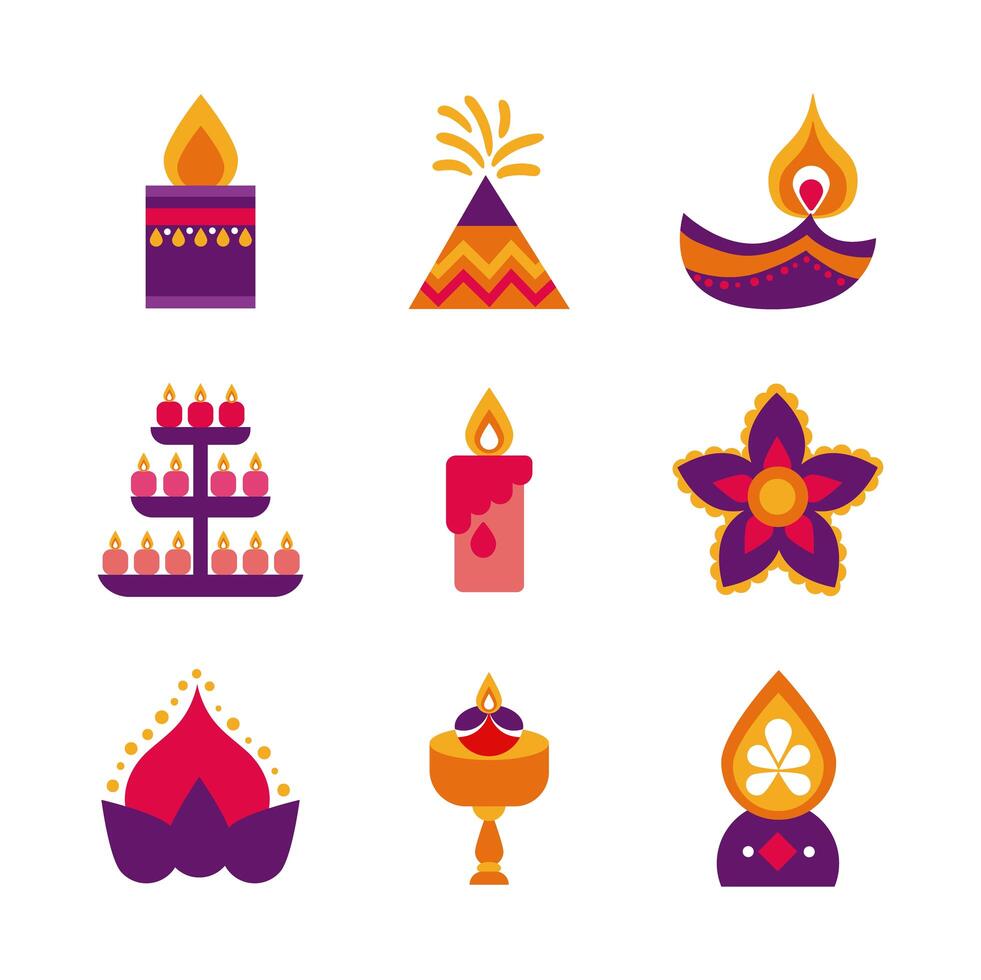 bundle of nine diwali set flat style icons vector
