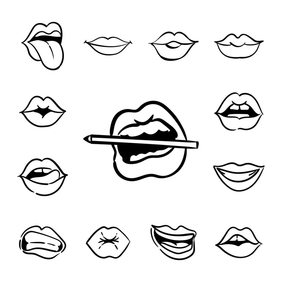 bundle of thirteen mouths pop art line style vector