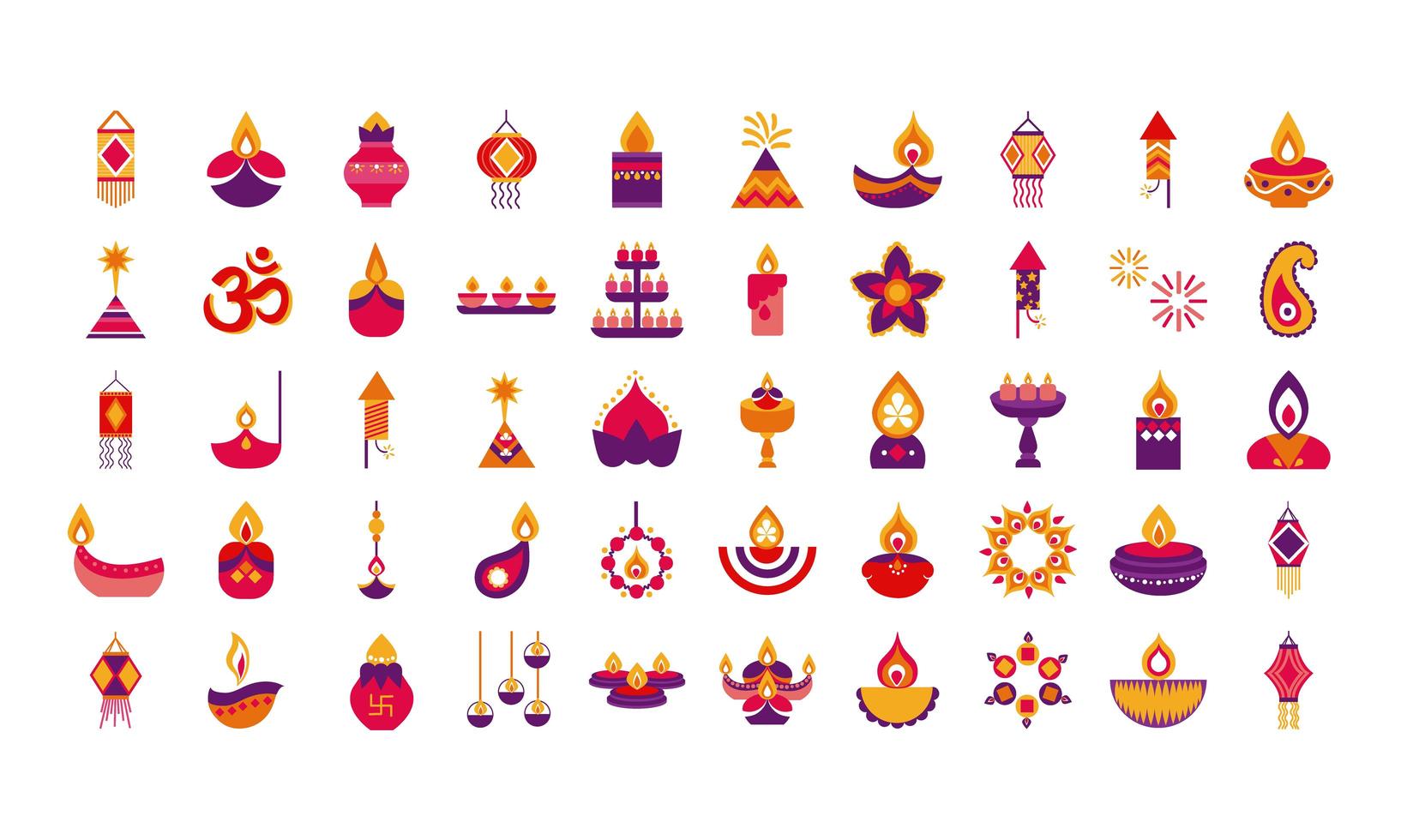 paquete de cincuenta iconos de estilo plano de diwali vector