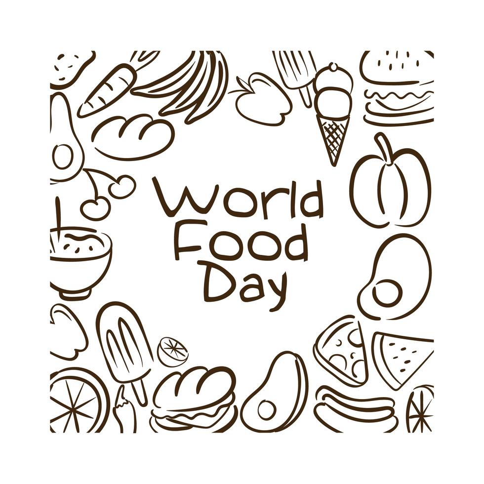 letras de celebración del día mundial de la comida con estilo de línea de patrón de comida vector