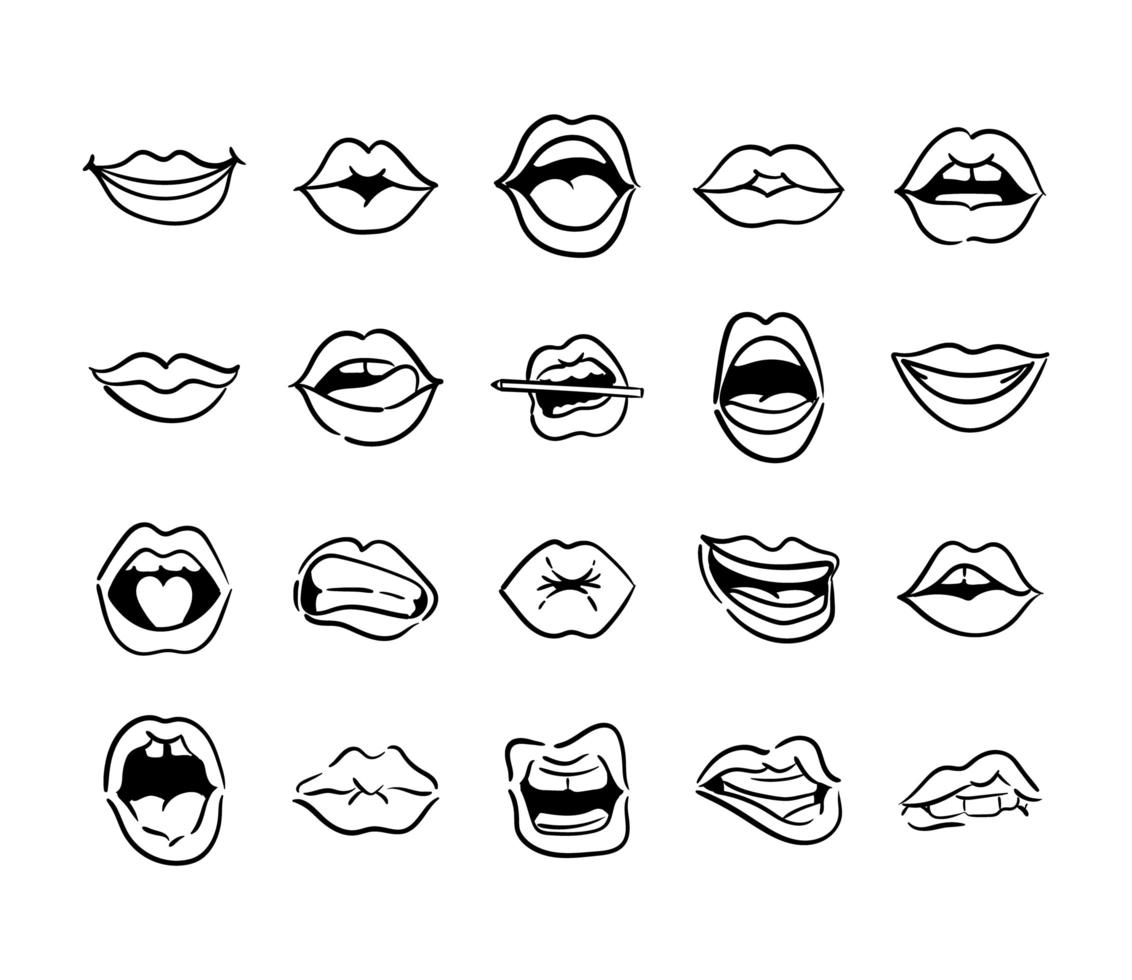 bundle of twenty mouths pop art line style vector