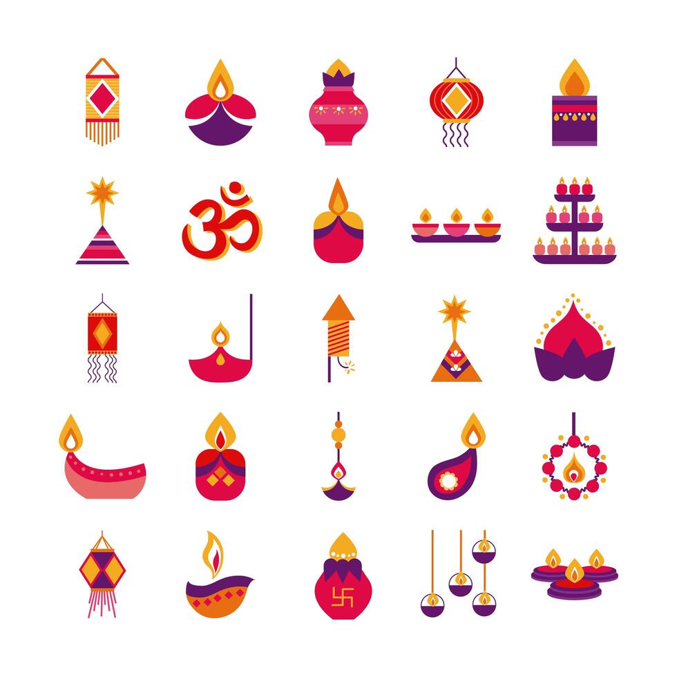 paquete de veinticinco diwali set iconos de estilo plano vector