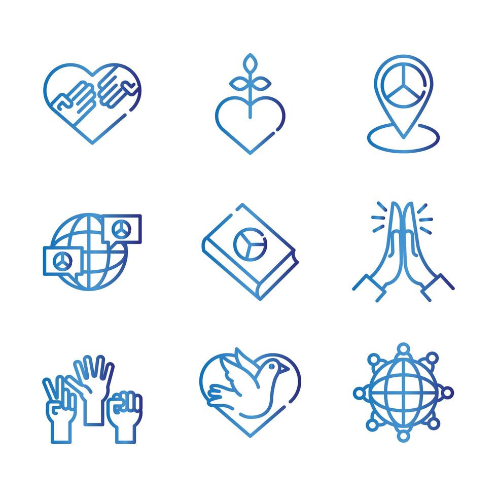 paquete de nueve iconos de colección de conjunto de estilo degradado de derechos humanos vector