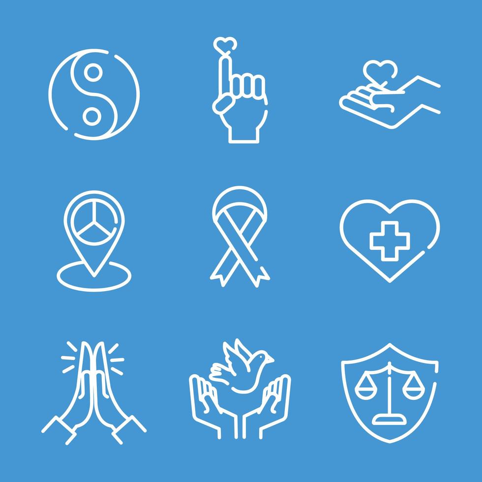 paquete de nueve iconos de conjunto de estilo de línea de derechos humanos vector