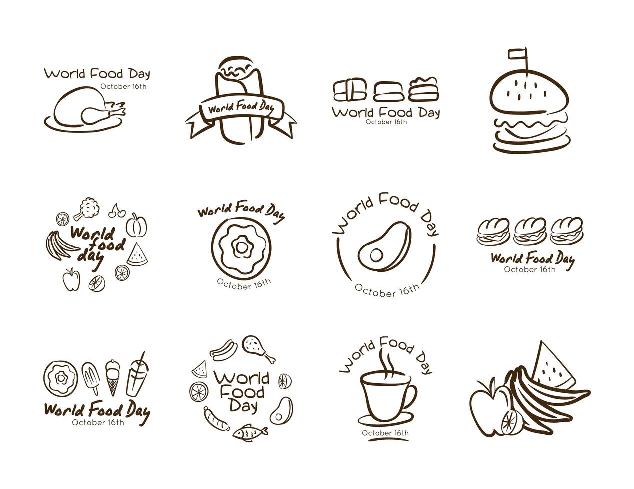 bundle of twelve world food day celebration letterings line style icons vector