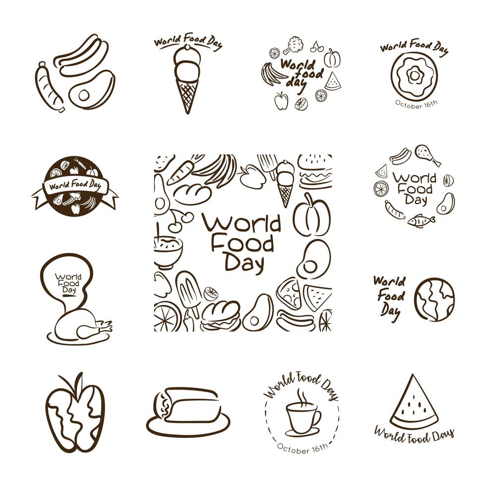 bundle of thirteen world food day celebration letterings line style icons vector