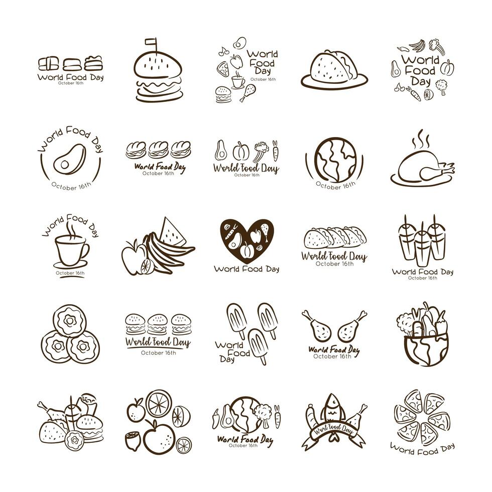 bundle of twenty five world food day celebration letterings line style vector