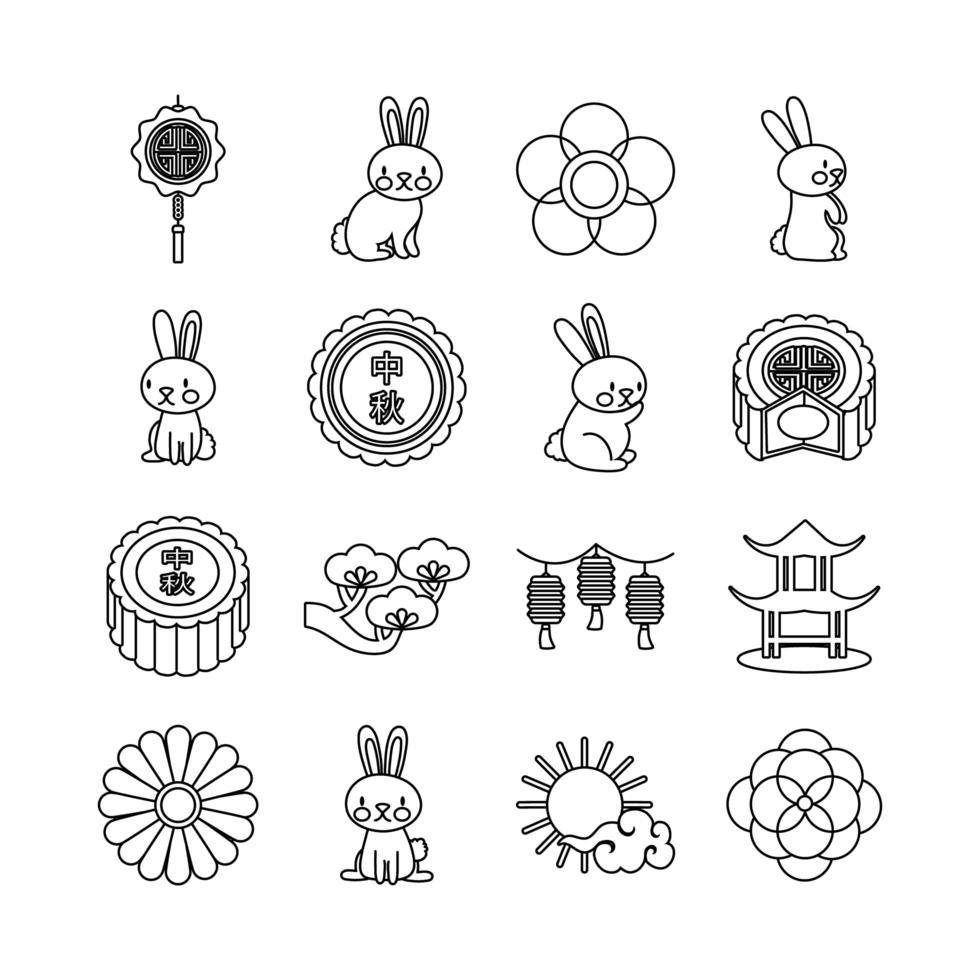 Paquete de dieciséis iconos de colección de set de mediados de otoño vector