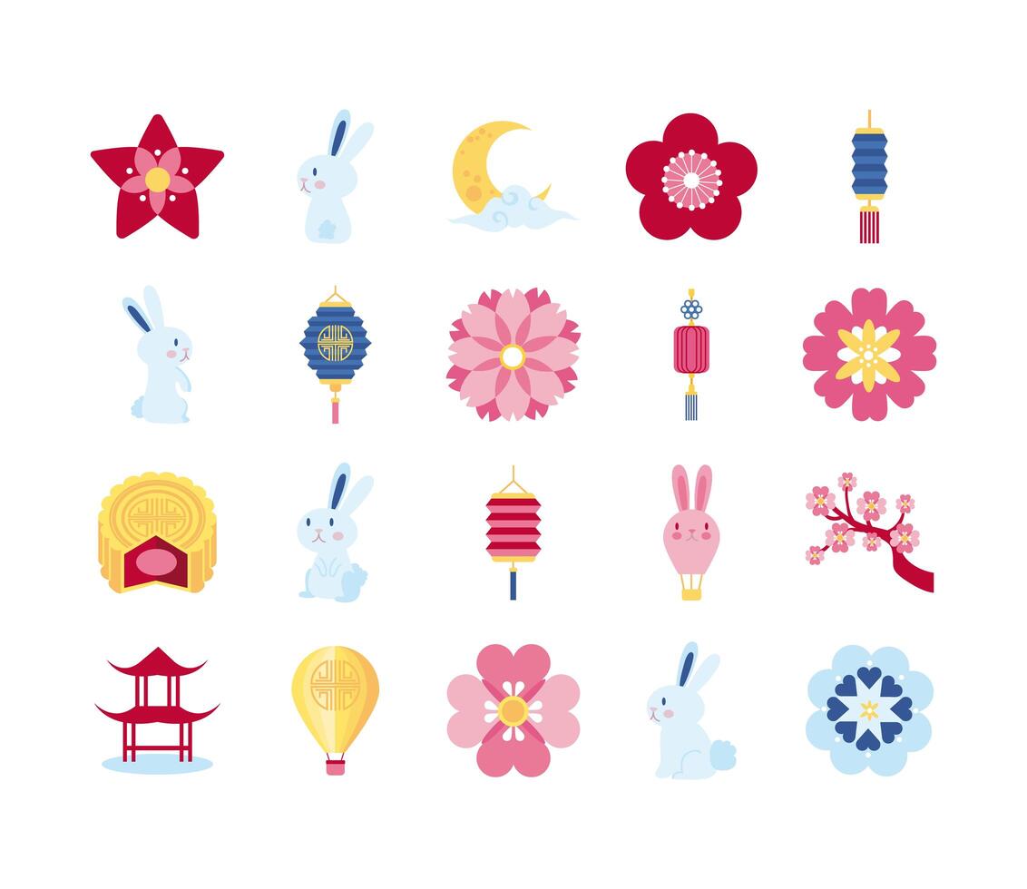 bundle of twenty mid autumn set icons vector