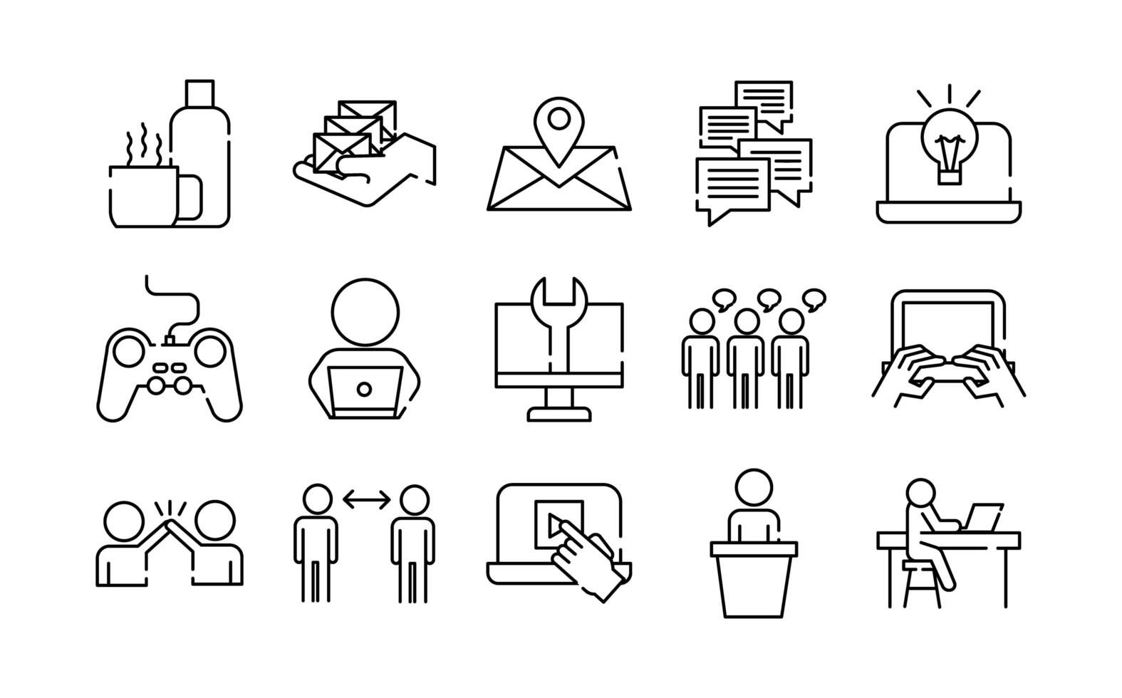 bundle of fifteen coworking set line style icons vector