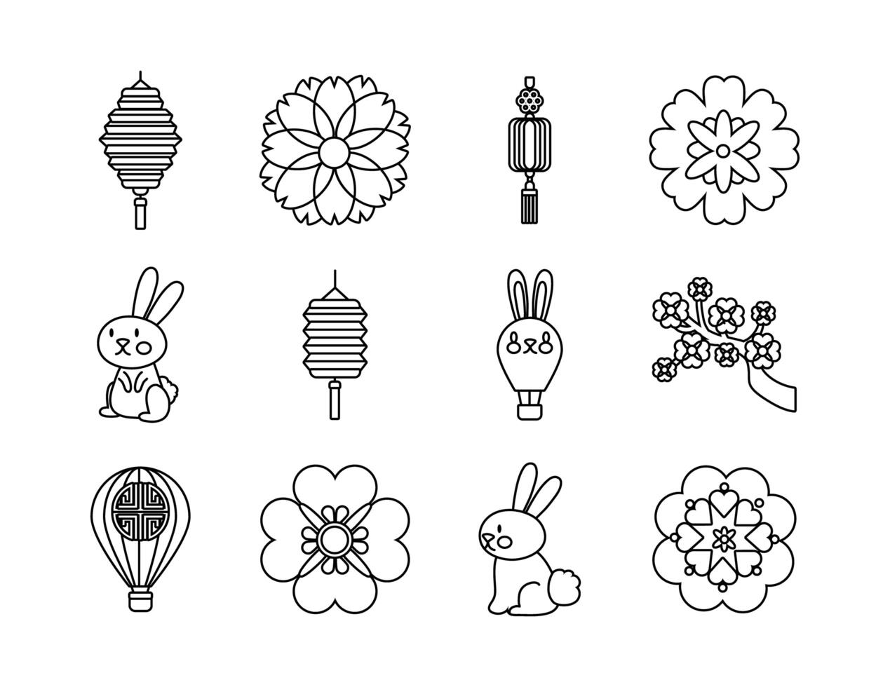 bundle of twelve mid autumn set icons vector