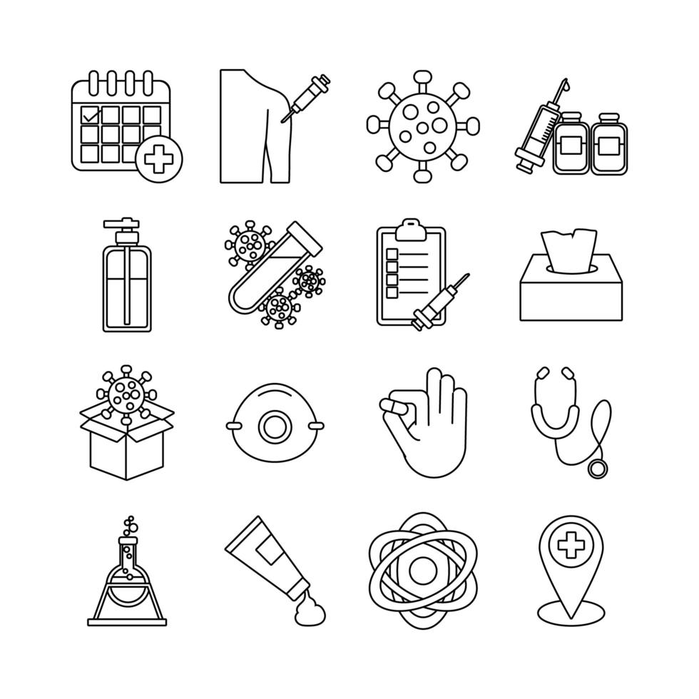 paquete de dieciséis iconos de colección de conjunto médico vector