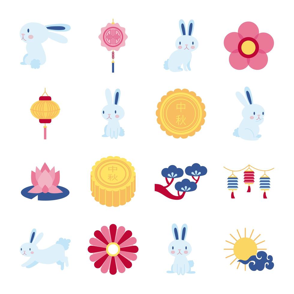 Paquete de dieciséis iconos de colección de set de mediados de otoño vector