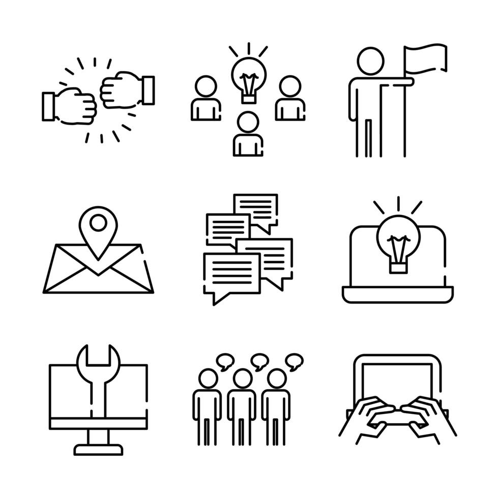 bundle of nine coworking set line style icons vector