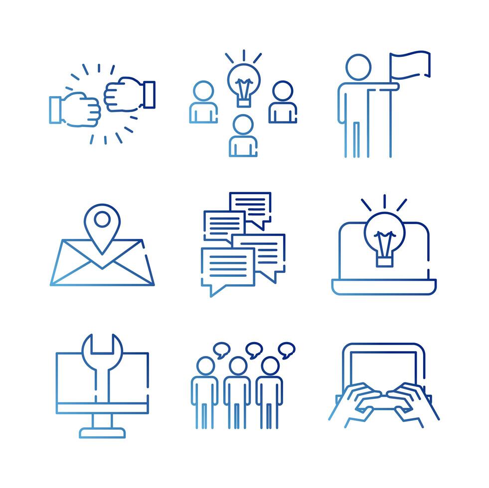 bundle of nine coworking set gradient style icons vector