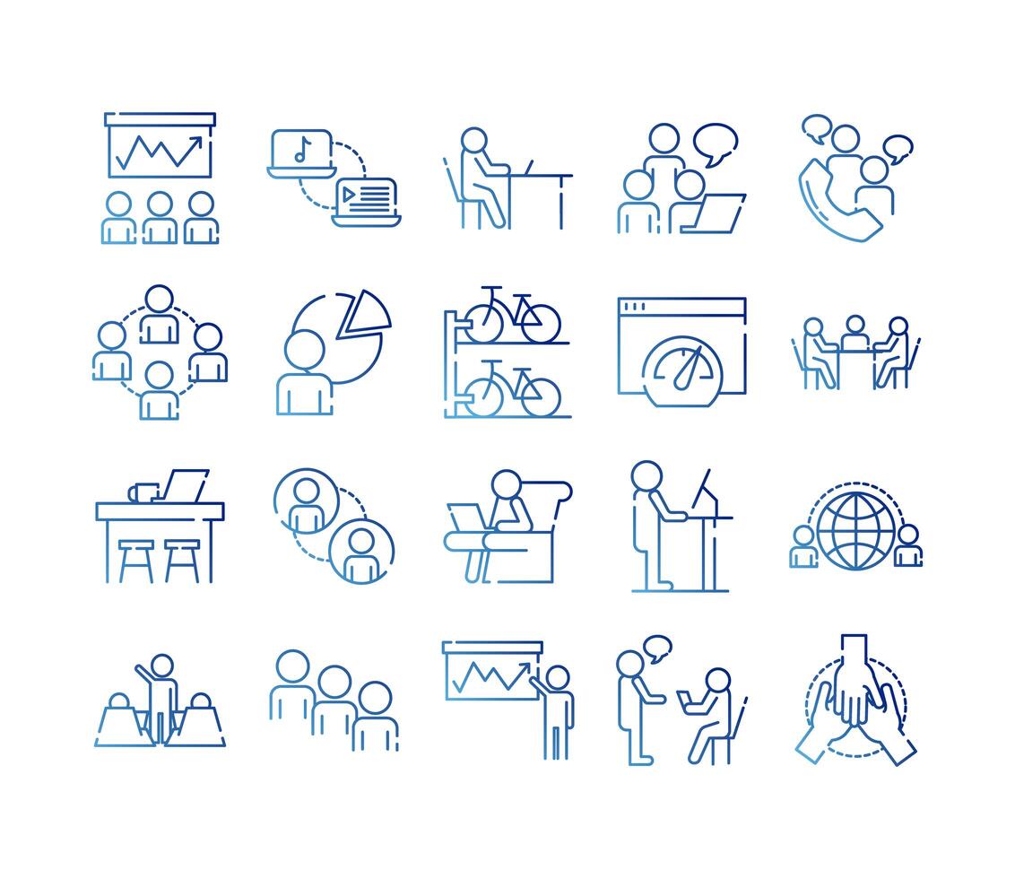 bundle of twenty coworking set gradient style icons vector