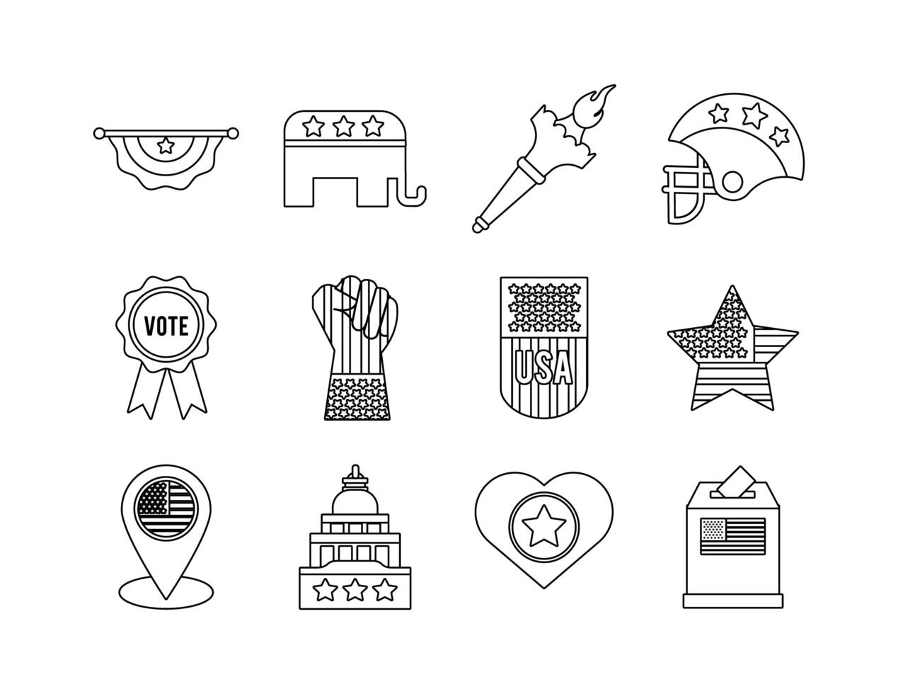 bundle of twelve usa elections set icons vector