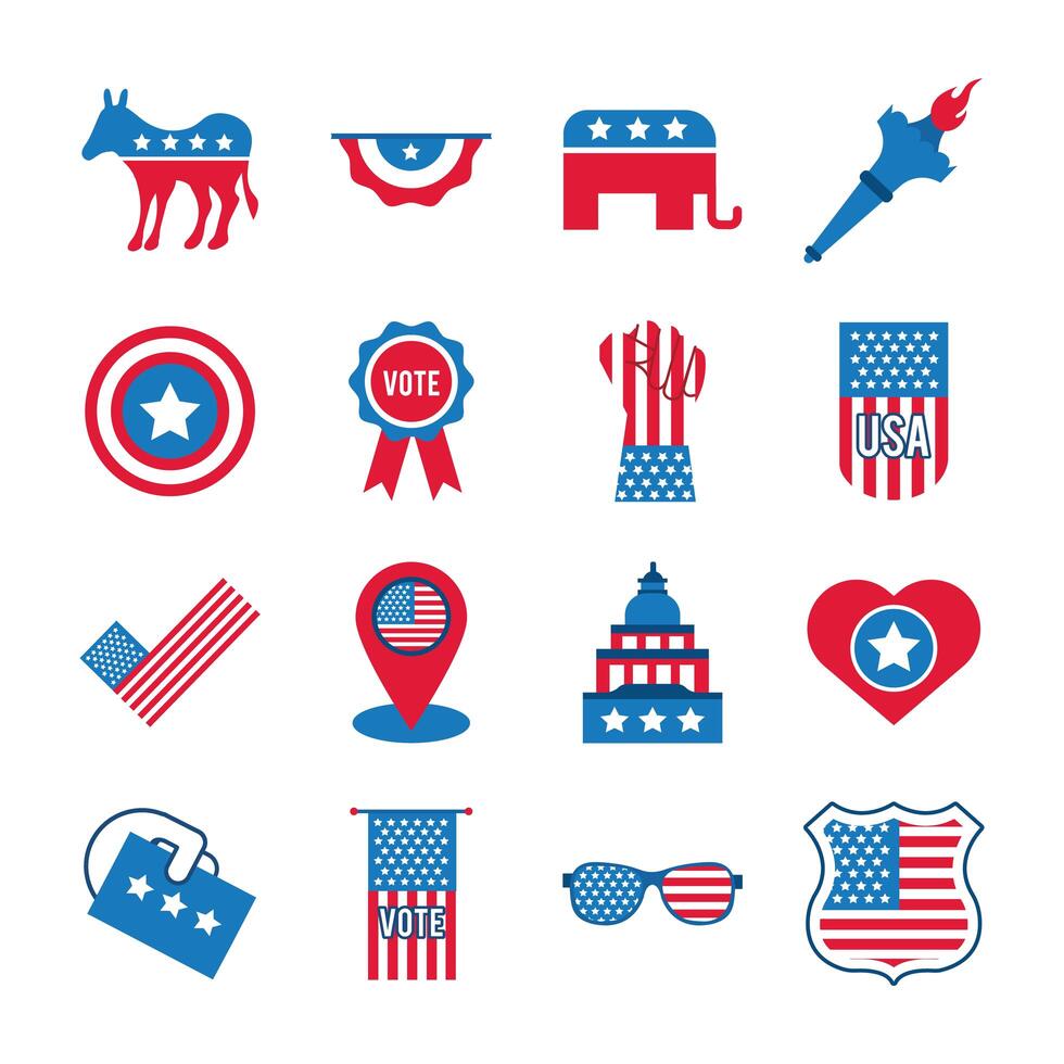 bundle of sixteen usa elections set icons vector